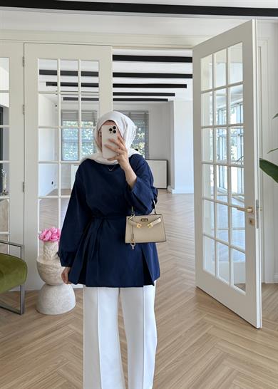 Pile Detaylı Poplin Gömlek Lacivert