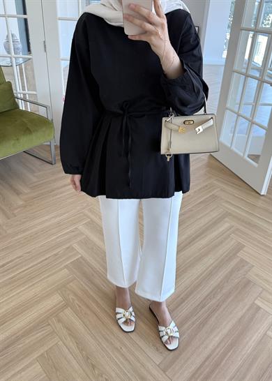 Pile Detaylı Poplin Gömlek Siyah