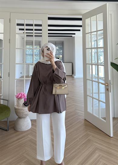 Pile Detaylı Poplin Gömlek Vizon