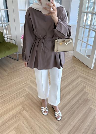 Pile Detaylı Poplin Gömlek Vizon