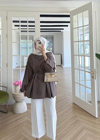 Pile Detaylı Poplin Gömlek Vizon