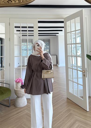 Pile Detaylı Poplin Gömlek Vizon