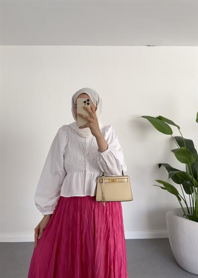 Pile Kırınkıl Saten Etek Fuşya