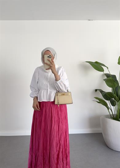 Pile Kırınkıl Saten Etek Fuşya