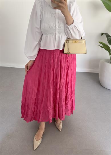 Pile Kırınkıl Saten Etek Fuşya