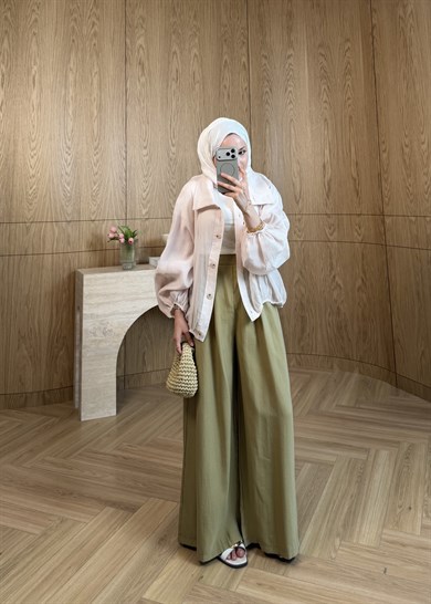 Pileli Tensel Pantolon Olive