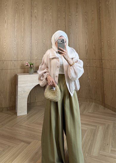 Pileli Tensel Pantolon Olive