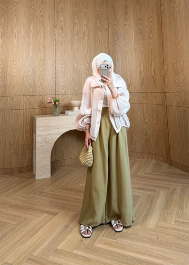 Pileli Tensel Pantolon Olive