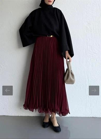 Piliseli Şifon Etek Bordo