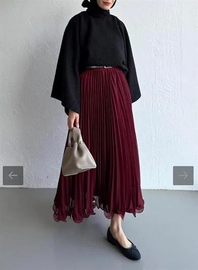 Piliseli Şifon Etek Bordo