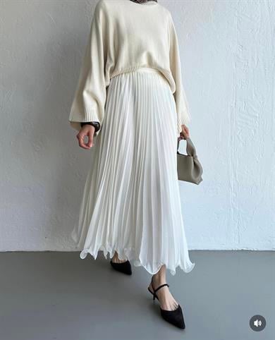 Piliseli Şifon Etek Ekru