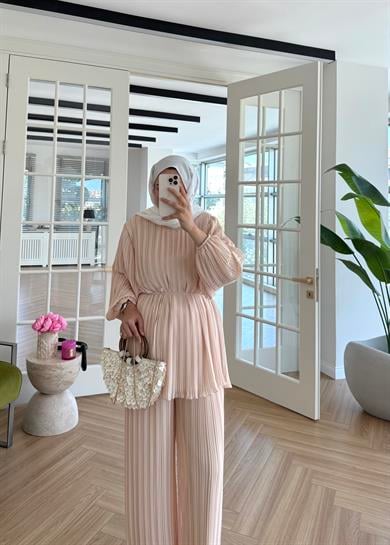 Piliseli Şifon Takım Bej