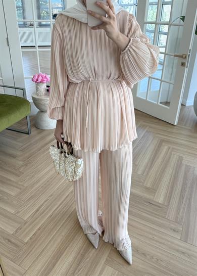 Piliseli Şifon Takım Bej