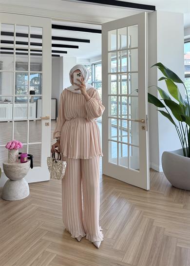 Piliseli Şifon Takım Bej