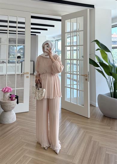 Piliseli Şifon Takım Bej