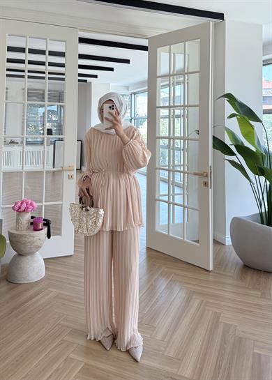 Piliseli Şifon Takım Bej