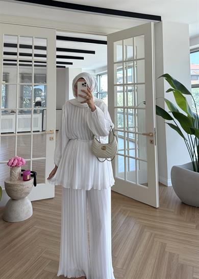 Piliseli Şifon Takım Ekru