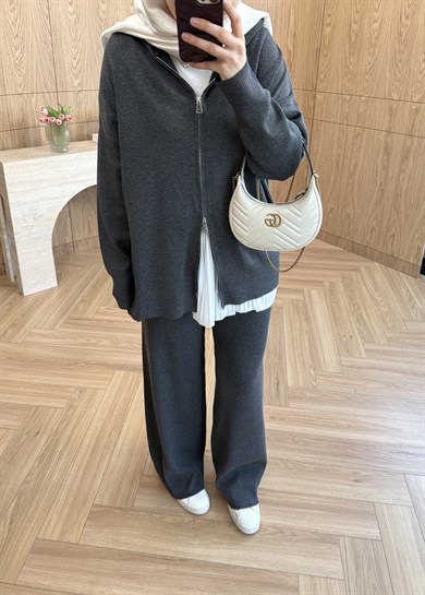 Premium Fermuarlı Triko Takım Gri