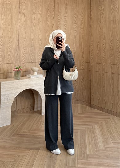 Premium Fermuarlı Triko Takım Gri