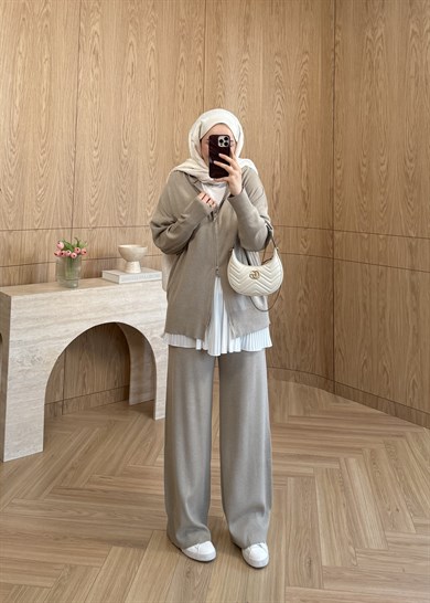 Premium Fermuarlı Triko Takım Vizon