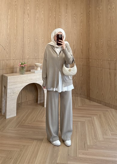 Premium Fermuarlı Triko Takım Vizon