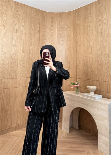 Premium Taş Şeritli Blazer Takım Siyah 