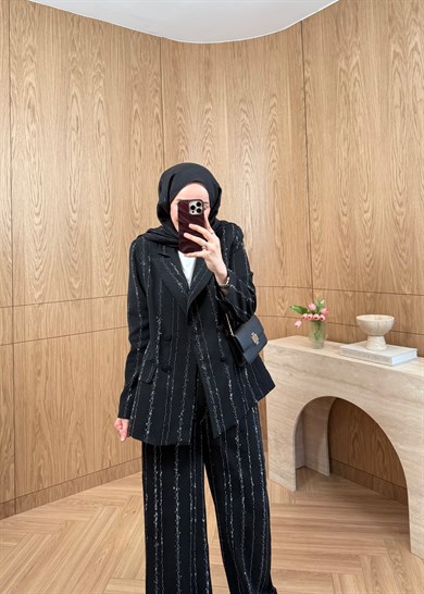 Premium Taş Şeritli Blazer Takım Siyah 