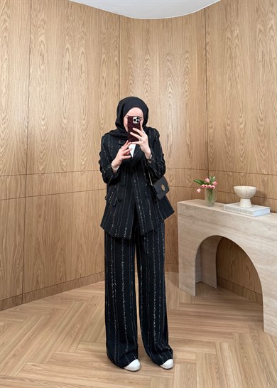 Premium Taş Şeritli Blazer Takım Siyah 