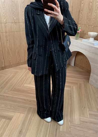 Premium Taş Şeritli Blazer Takım Siyah 