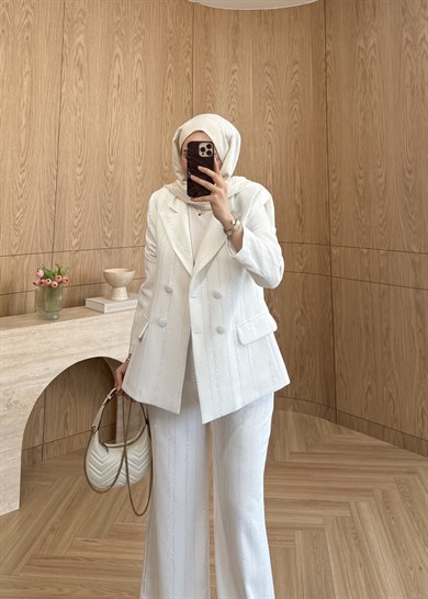 Premium Taş Şeritli Blazer Takım Ekru  
