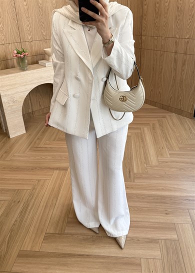 Premium Taş Şeritli Blazer Takım Ekru  