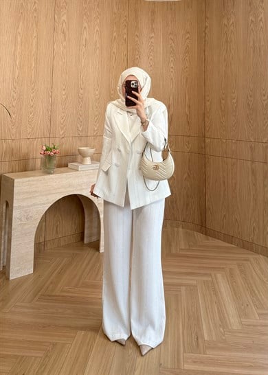 Premium Taş Şeritli Blazer Takım Ekru  
