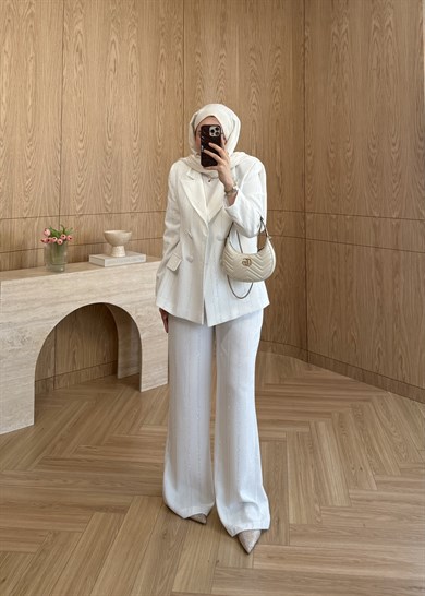Premium Taş Şeritli Blazer Takım Ekru  