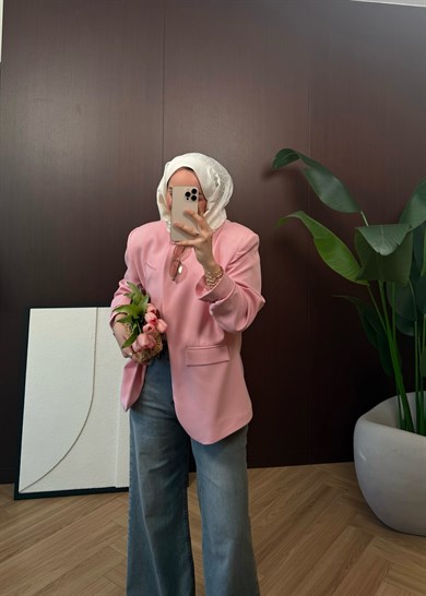 Premium Tek Düğmeli Blazer Pembe 