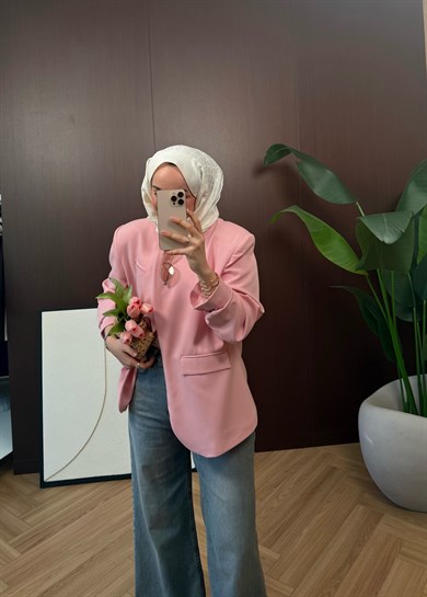 Premium Tek Düğmeli Blazer Pembe 