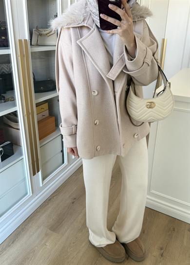 Premium Yakası Kürklü Kısa Kaban Taş