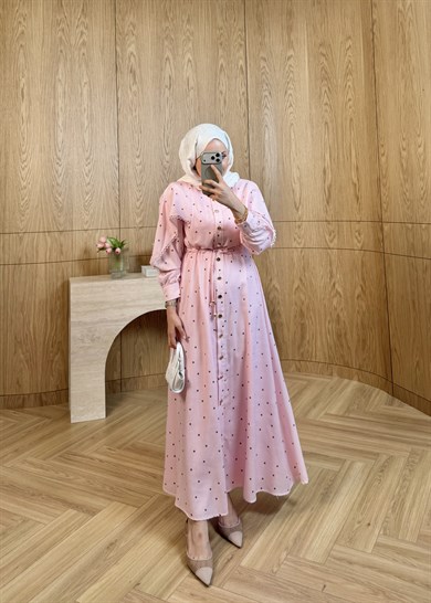 Puantiyeli Keten Elbise Pembe