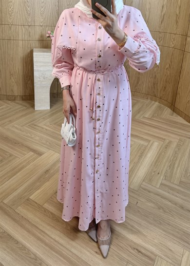 Puantiyeli Keten Elbise Pembe