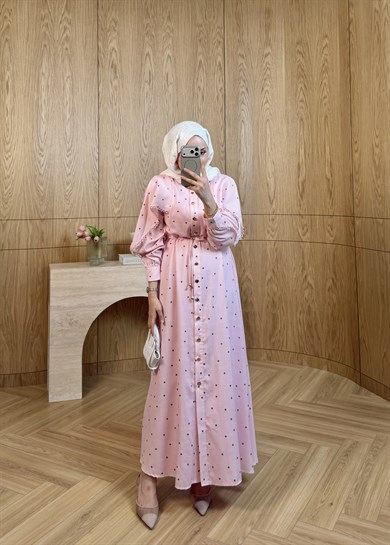 Puantiyeli Keten Elbise Pembe