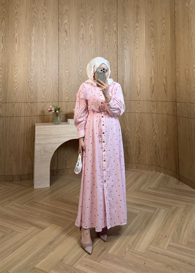 Puantiyeli Keten Elbise Pembe