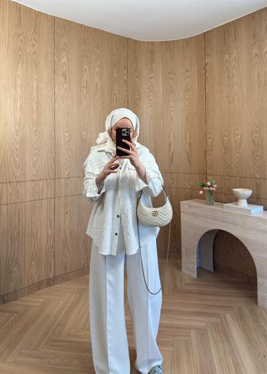 Senna Nakışlı Denim Ceket Ekru