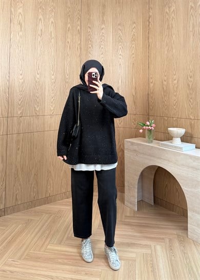 Pullu Triko Kazak Siyah