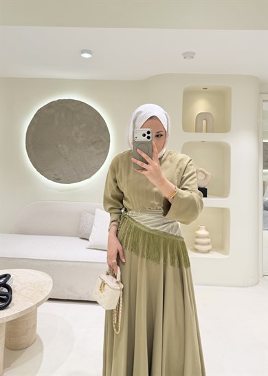 Püskül Şallı Tensel Elbise Olive