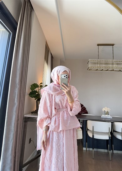 Püsküllü Dokuma Kumaş İkili Takım Pudra