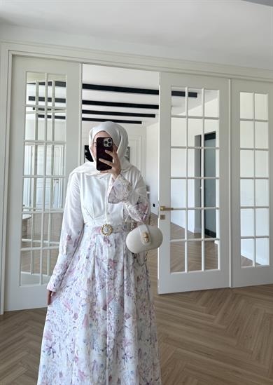 Rose Desenli Keten Elbise Ekru