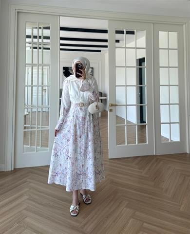 Rose Desenli Keten Elbise Ekru