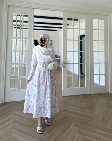 Rose Desenli Keten Elbise Ekru