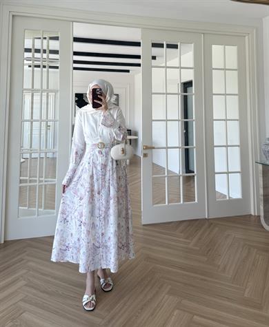 Rose Desenli Keten Elbise Ekru