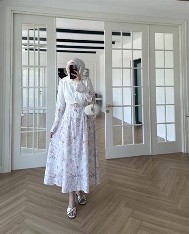 Rose Desenli Keten Elbise Ekru