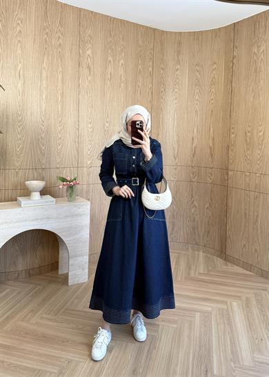 Rossa Kemerli Denim Elbise 